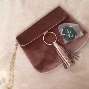 Blush Pink Chain Tassel Clutch Faux Suede